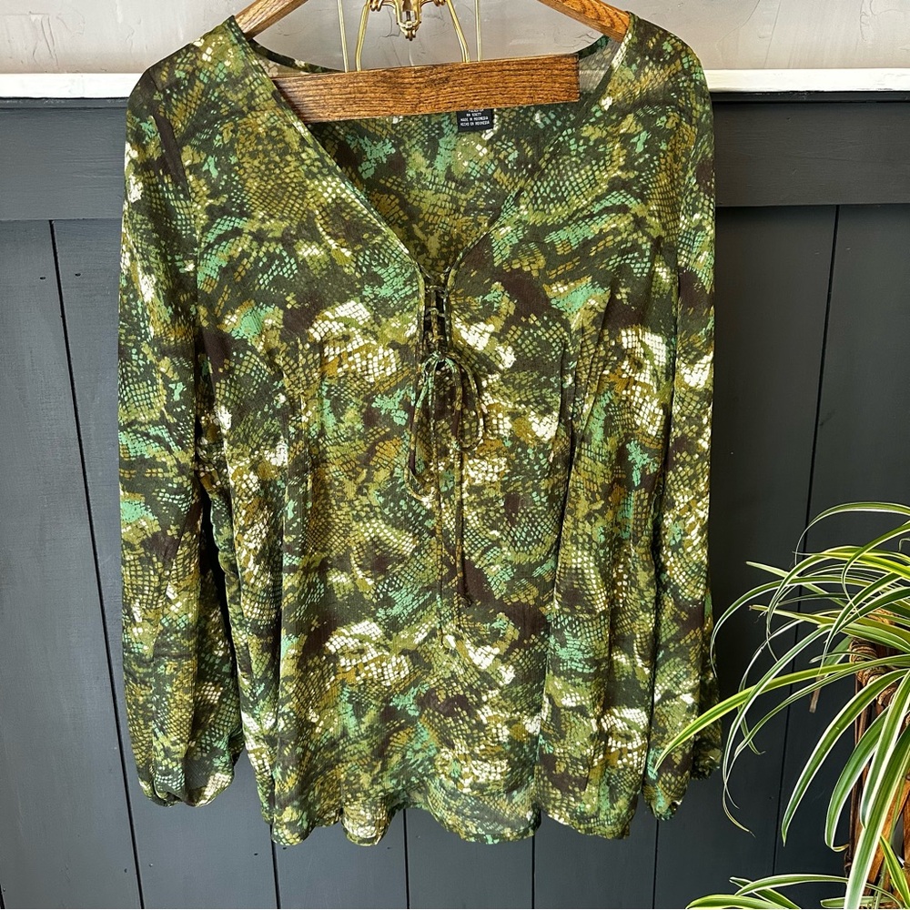 Women's Snake Print Sheer Green Black Brown XL Tunic Tie Front Cinch Back